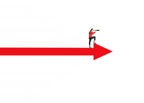 Art collage. Woman with a telescope looks to the success on top of the arrow, isolated on free png background. Symbol of the leadership, business finance concept, achievement.