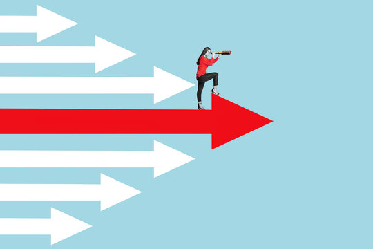 Art collage. Woman with a telescope looks to the success on top of the arrow. Symbol of the leadership, business finance concept, achievement.