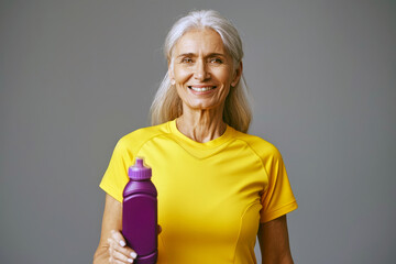 Smiling elderly European woman in yellow t-shirt with purple sports bottle in hand against gray wall. Adult food concept, silver economy.