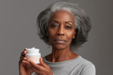Portrait of an older, pretty African American woman with a jar of cosmetic cream in her hand on a gray background. Concept of cosmetics for adult people. Silver economy concept.