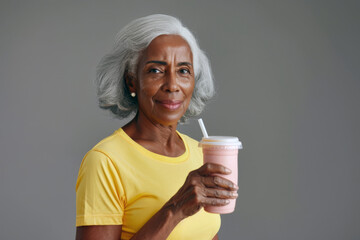 Smiling elderly African American woman in yellow t-shirt with glass of protein drink in hand on gray background. Food concept for adult food products, silver economy.