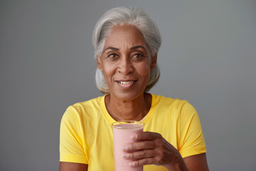 Smiling elderly African American woman in yellow t-shirt with glass of protein drink in hand on gray background. Food concept for adult food products, silver economy.