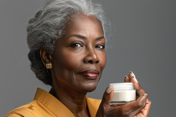 Portrait of an older, pretty African American woman with a jar of cosmetic cream in her hand on a gray background. Concept of cosmetics for adult people. Silver economy concept.