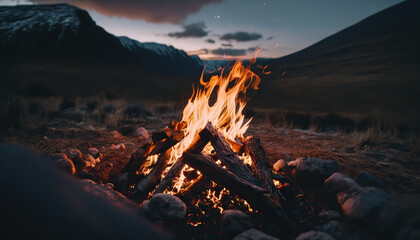 Close up campfire with bright flame. Stunning scenery mountains landscape. Outdoor background.