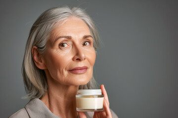 Portrait of an elderly pretty American woman with a jar of cosmetic cream in her hand on gray background. Concept of cosmetics for adult people. Silver economy concept.
