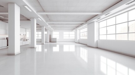 Illustration of glossy spacious well lit white interior with light reflections and copy space. Indoor background.