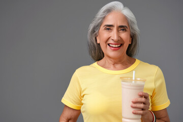 Smiling older Hispanic woman in yellow t-shirt with glass of protein drink in hand on gray background. Food concept for adult food products, silver economy.