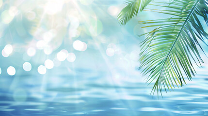 serene view of a sparkling sea through the silhouette of palm leaves, with sunlight filtering through and creating a shimmering effect on the water's surface