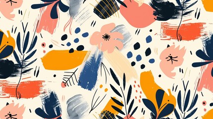 Simple abstract contemporary pattern featuring hand-drawn flower and leaf textures, perfect for vibrant boho prints.