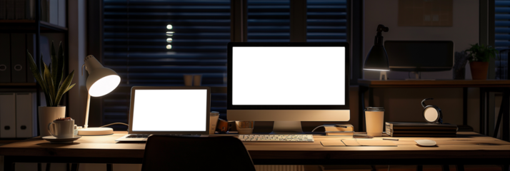 Front view of modern designer desktop with blank computer screen, and other items. Mockup