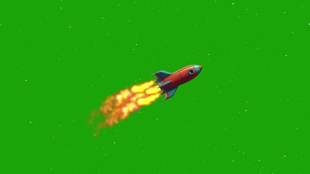 Rocket Flying On Green Screen Background  With Burning Fire Animation. Cartoon Rocket Animation On Green Screen Background And Stars Moving. Rocket Flying Into The Space, Game Animation