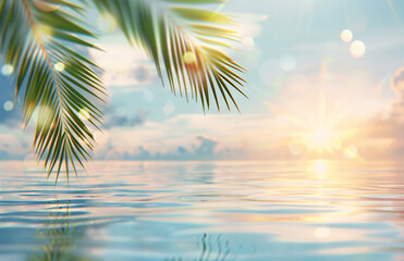 serene view of a sparkling sea through the silhouette of palm leaves, with sunlight filtering through and creating a shimmering effect on the water's surface