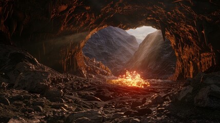 Cinematic image of hell's gates, hidden in a secluded cave beyond rugged terrain and deep valleys, capturing the essence of mythical entrances