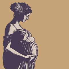 Pregnant woman in retro style in a tunic with a flower in her hair, vector illustration