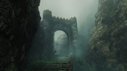 A foreboding scene of dungeon gates set deep within a remote chasm, shrouded in mist and darkness, embodying myths of hell's entrance