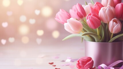 Fototapeta premium Bouquet of colorful tulips on blurred background.