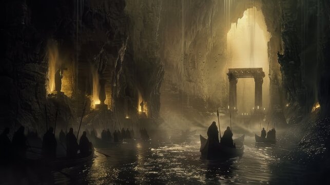 A chilling scene at the gates of dungeons, guarded by Charon, the mythological ferryman, as souls prepare to cross the dark, misty river Styx into hell