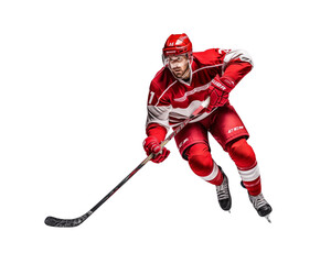 Intense hockey player in red mid-action on a white background, displaying focus and athletic skill. Generative AI