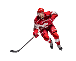 Intense hockey player in red mid-action on a white background, displaying focus and athletic skill. Generative AI