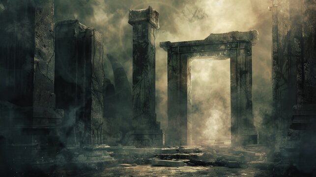 Ancient stone gates marred with the scars of time, opening into a realm where light fades into the eternal darkness of hell, a vision of ultimate despair