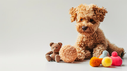 A small bWater dog, a type of Companion dog breed, sits next to a teddy bear and balls, enjoying its toys as a beloved pet supplyrown dog sits next to a toy teddy bear and balls