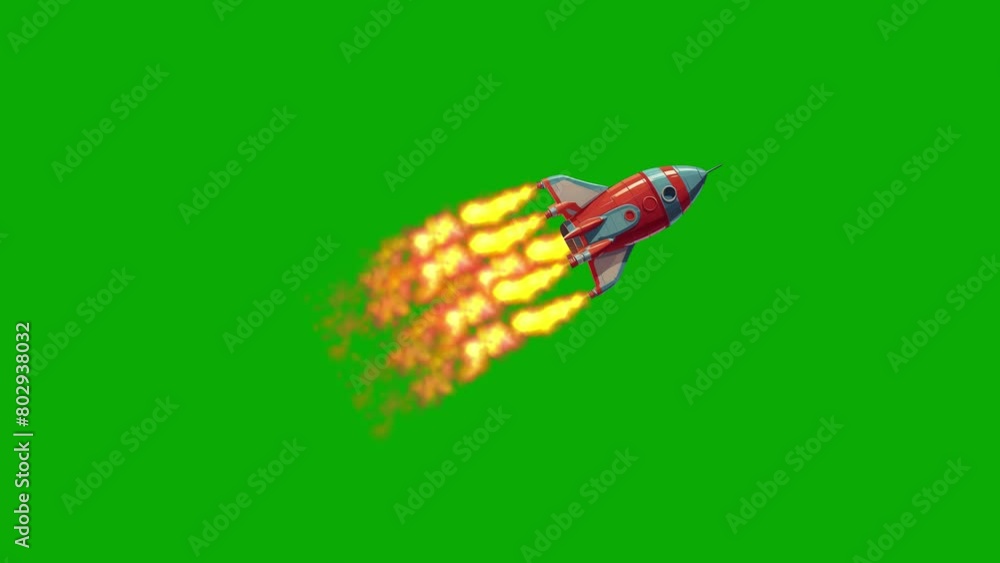 Poster cartoon rocket animation on green screen background and stars moving. science mission rocket flying 