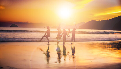Fototapeta premium 海水浴を楽しむ人と夕日をモチーフにしたグラフィック素材