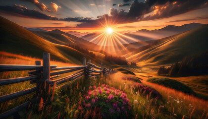 Golden Sunrise Over Lush Green Hills - Breathtaking Landscape with Sunbeams Illuminating Vibrant...
