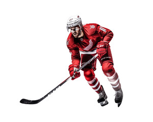 Fototapeta premium Intense hockey player in red mid-action on a white background, displaying focus and athletic skill. Generative AI