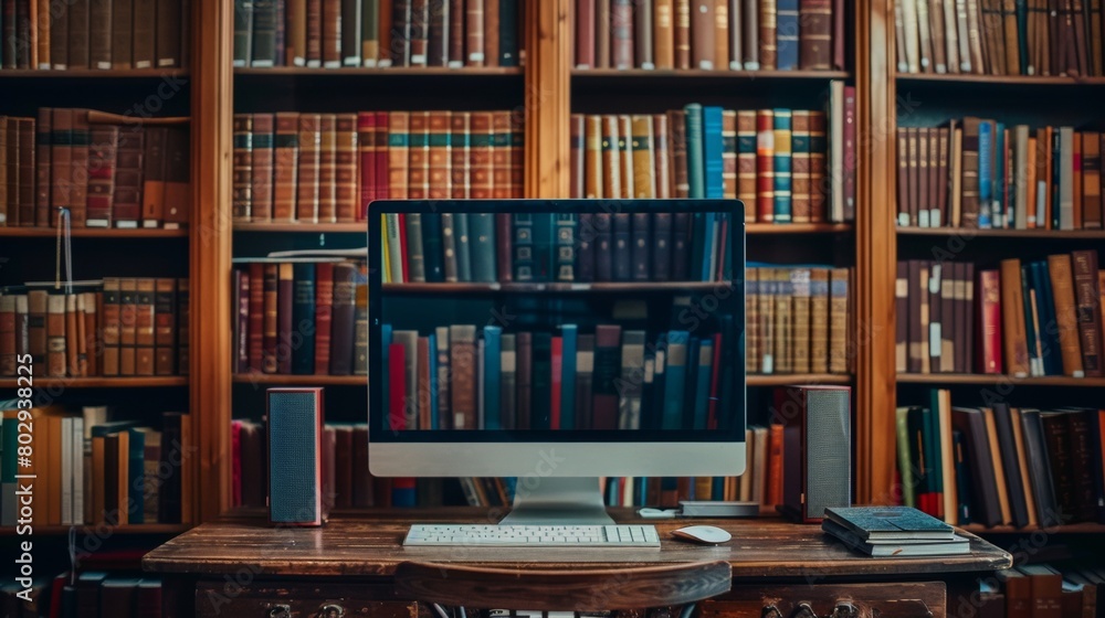 Aufkleber computer desktop with digital library screen and bookshelf background captured in image