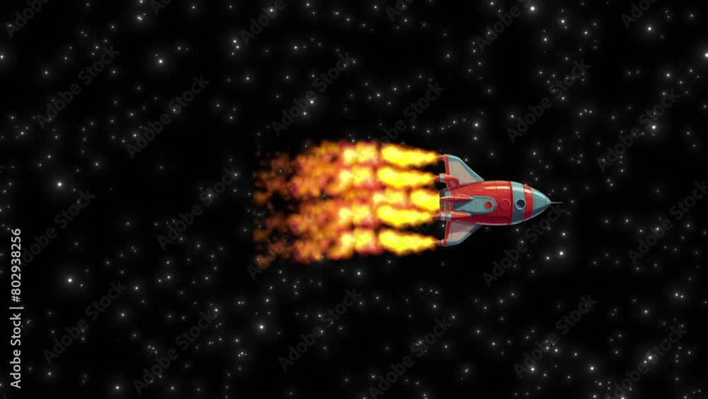 Poster cartoon rocket animation on black background and stars moving. science mission rocket flying in oute
