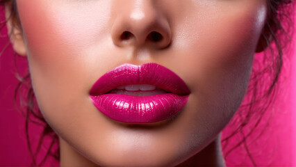 Obraz premium Juicy lipped woman with plumping lip gloss voluminous shine hydrating swirls blurred raspberry backdrop Closeup