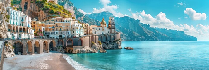 Beach Town. Atrani Town Overlooking Amalfi Coast with Beautiful Blue Background