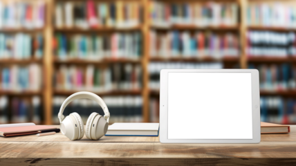 Tablet with headphones and books on a table in a library.