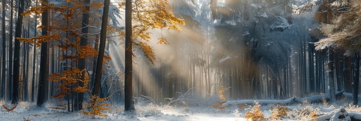 Autumn Winter. Morning Light Through Snow-covered Trees in Forest Panorama