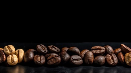 Various coffee beans in a row, white background isolate, organic product. AI generated.
