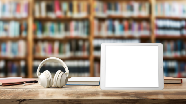 Tablet with headphones and books on a table in a library.