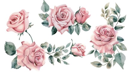 Water Color Floral Collection: Pink Roses with Botanical Elements on White Background