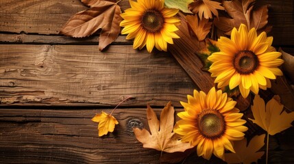 Autumn Flowers. Sunflowers on Wooden Board with Thanksgiving Decor