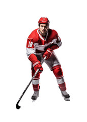 Intense hockey player in red mid-action on a white background, displaying focus and athletic skill. Generative AI