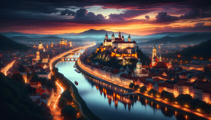 Naklejka premium Twilight Majesty Over Historic European City - Panoramic Sunset View of Grand Castles and Glistening River Reflections