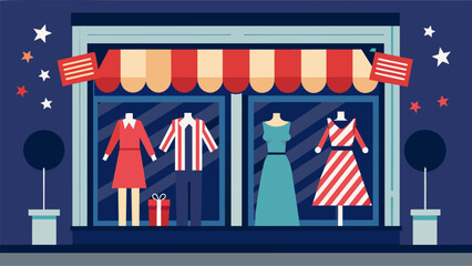 A clothing boutique window dressed in festive 4th of July outfits complete with miniature flags and sparklers.. Vector illustration