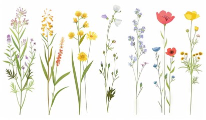 Colorful assortment of wildflowers on a white background