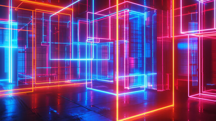 Modern abstract room with vibrant neon lighting and a reflective floor