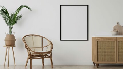 Frame mockup, wooden chest of drawers and comfortable chair, white wall home room interior, 3D render