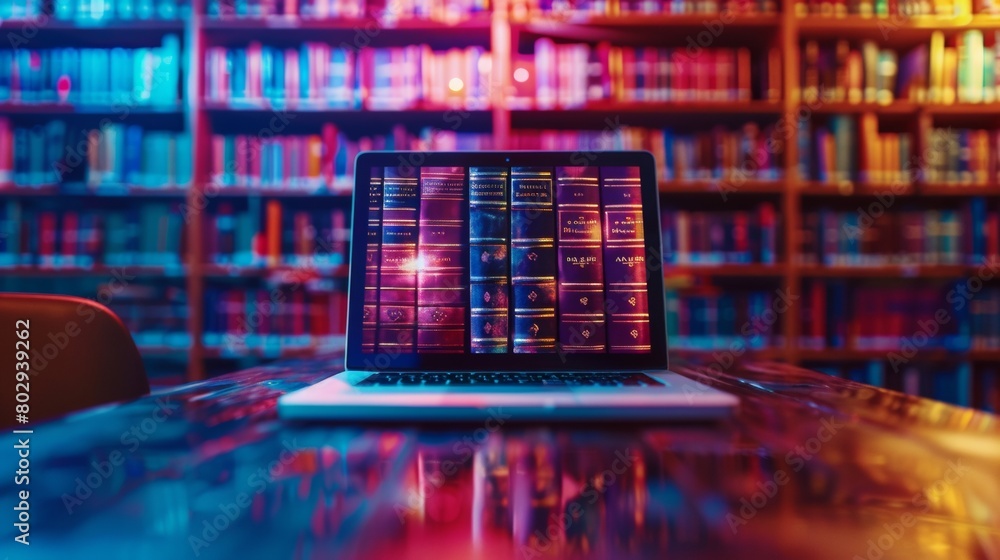 Poster laptop showcasing digital books in a virtual library setting with vibrant illumination