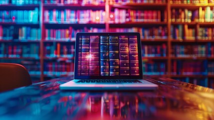 Laptop showcasing digital books in a virtual library setting with vibrant illumination