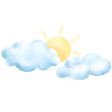 A watercolor painting of the sun rising from clouds in the sky