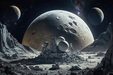 Illustration of space base on moon for astronauts on background of planet. AI generated.