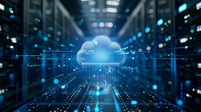 Digital cloud Network Hub Futuristic Server Room Illustration. Generative AI